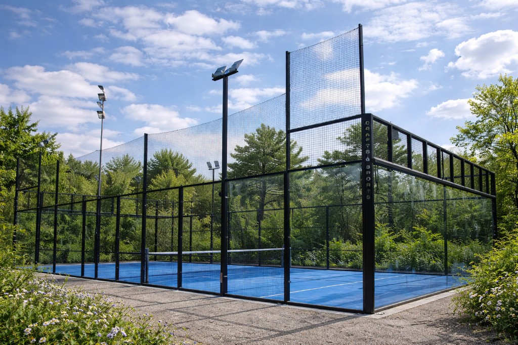 Outdoor Padel Court bei Padel Vösendorf umgeben von Grün mit blauem Belag